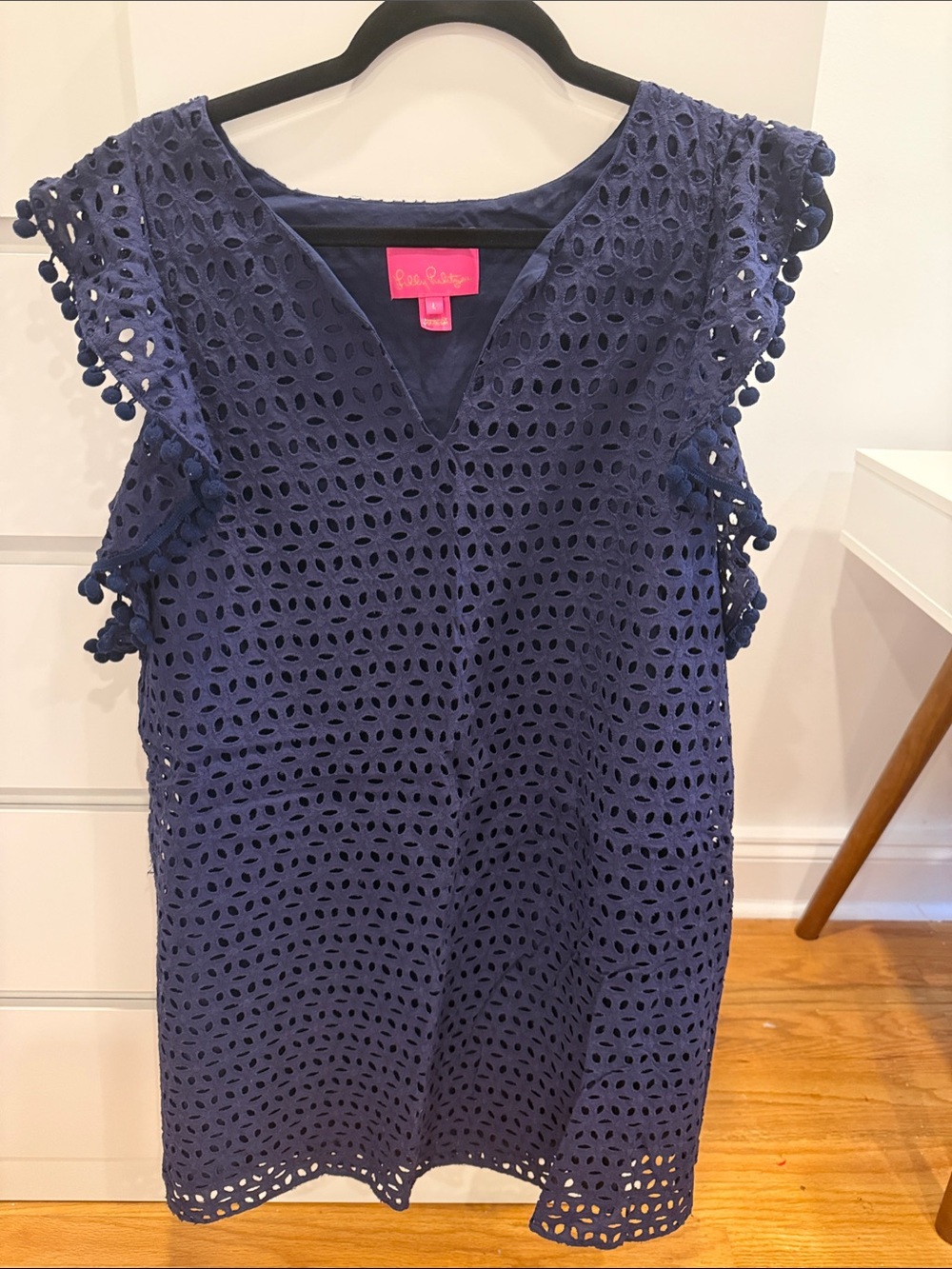 Lilly Pulitzer Navy Eyelet Pom Pom Sleeve V-Neck Dress